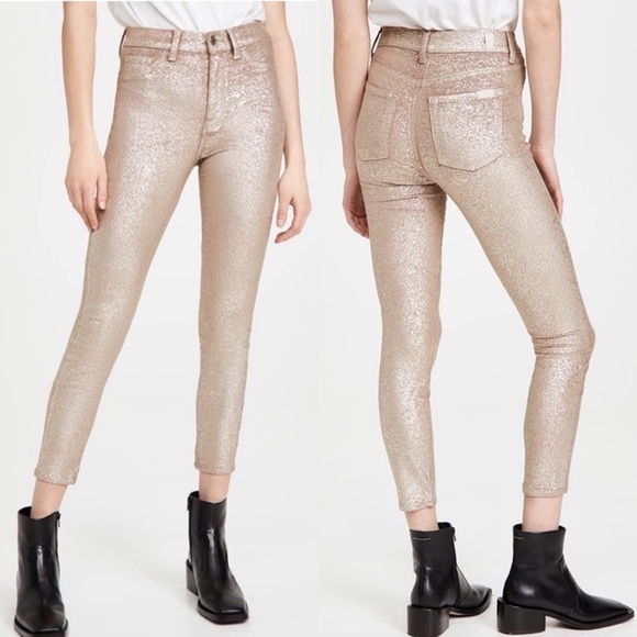 NWT 7 For All Mankind High Waist Skinny Ankle Jean Metallic Velvet Gold - Picture 1 of 11